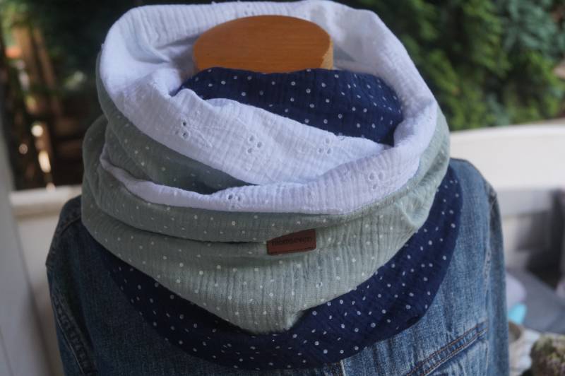 Loopschal Musselin Lochstickerei Weiß Pünktchen Mint/Weiß Dunkelblau/Weiß Loop Loopschal Musselin Lochstickerei Weiß Pünktchen Mint/Weiß Dunkelblau/Weiß Loop von momseven
