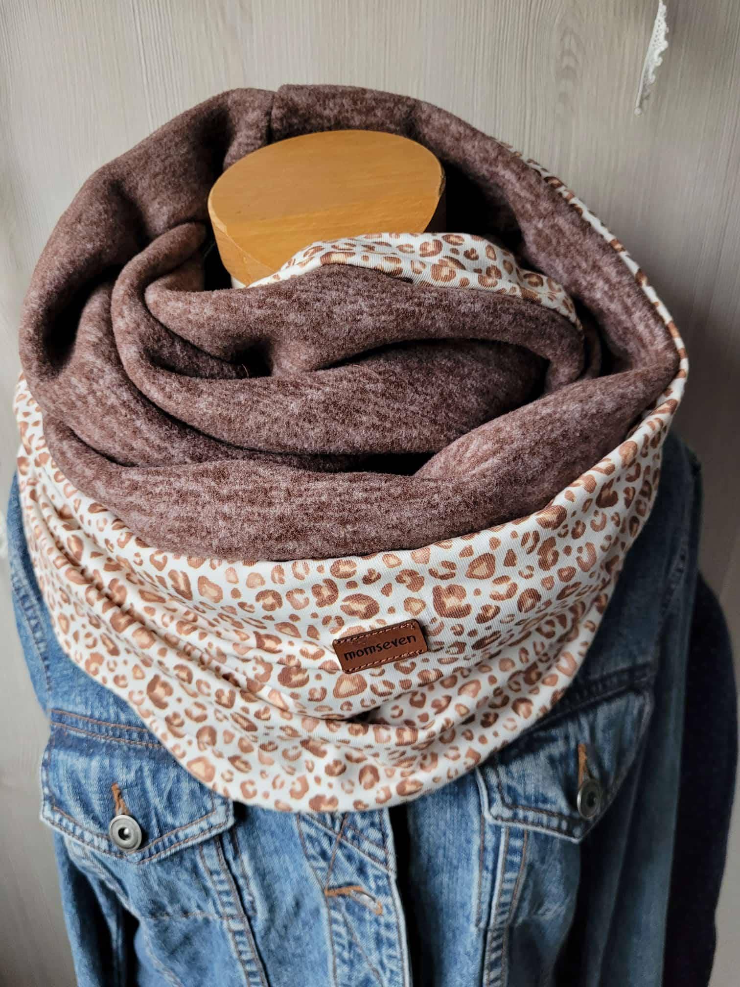 Neu November Winterschal Jersey Leopardenmuster Braun Creme in Kombination Mit Fleecestoff Dunkelbraun Meliert. Höhe 34 cm Umfang 152 von momseven