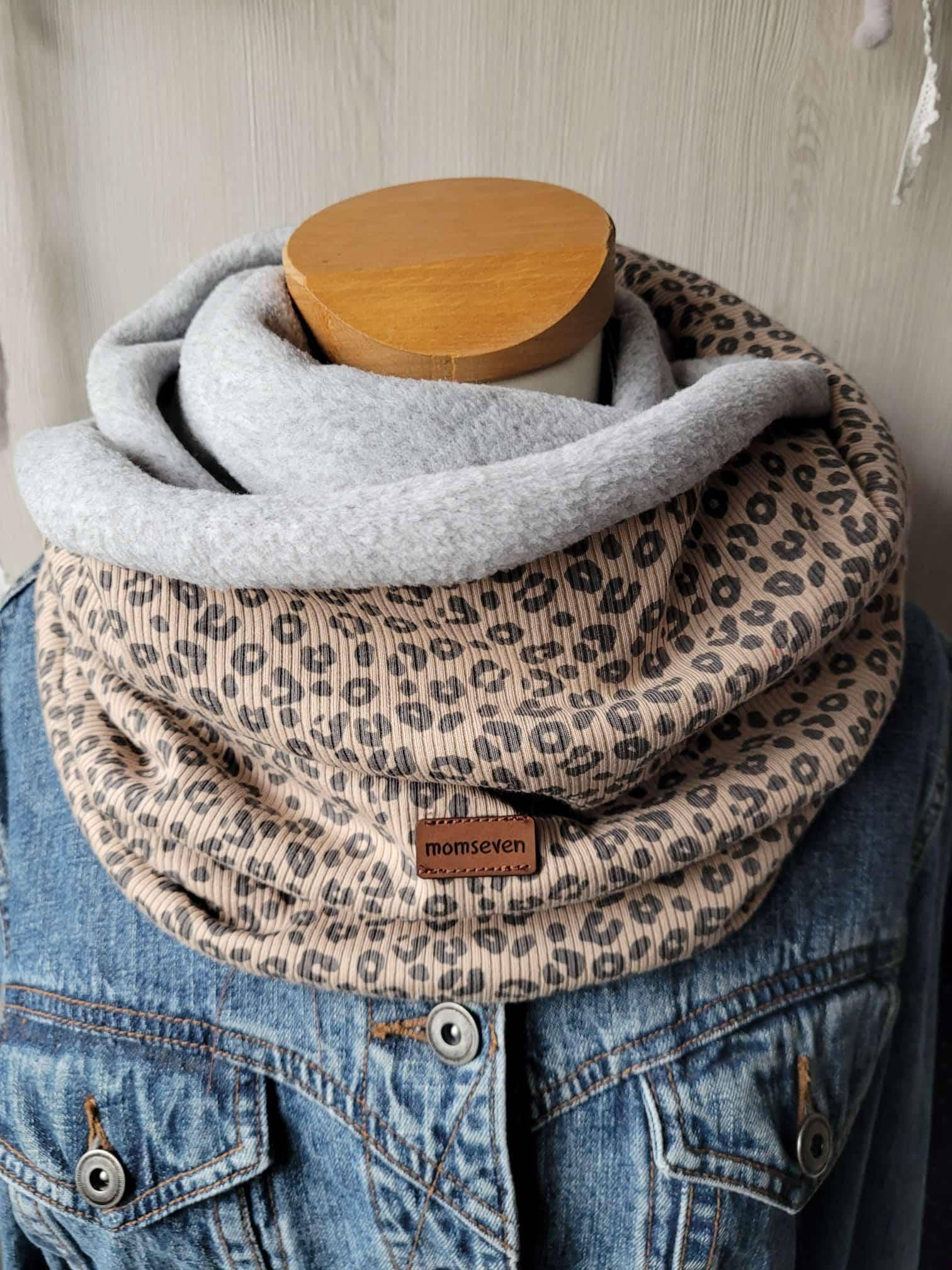 Neu November Winterschal Rippstrick Jersey Leopardenmuster Dunkelbeige in Kombi Mit Fleecestoff Hellgrau Superweich von momseven