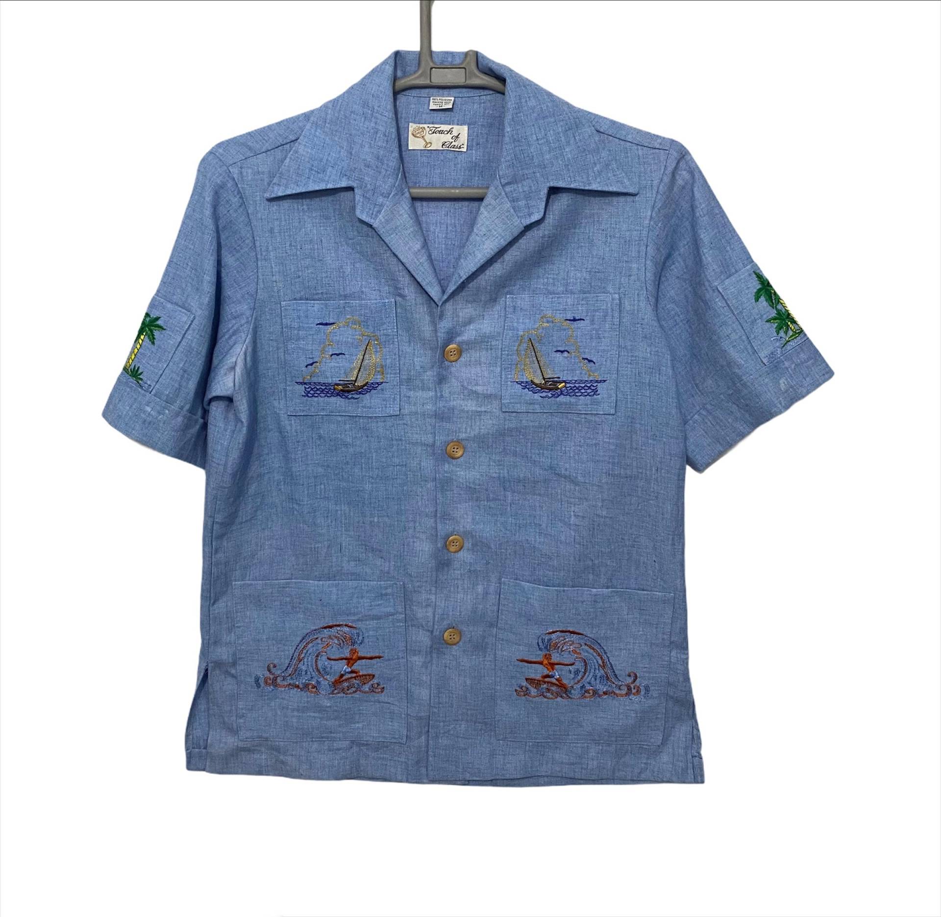 Vintage Chambray 4 Poket Hawaii Knöpfe Shirt Selvedge Hand Floral Druck von monalisausedauction