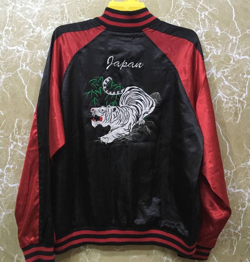 Vintage Weißer Tiger Japan Souvenir Sukajan Satin Yokosuka Stickerei Drachen Jacke Xl Größe von monalisausedauction
