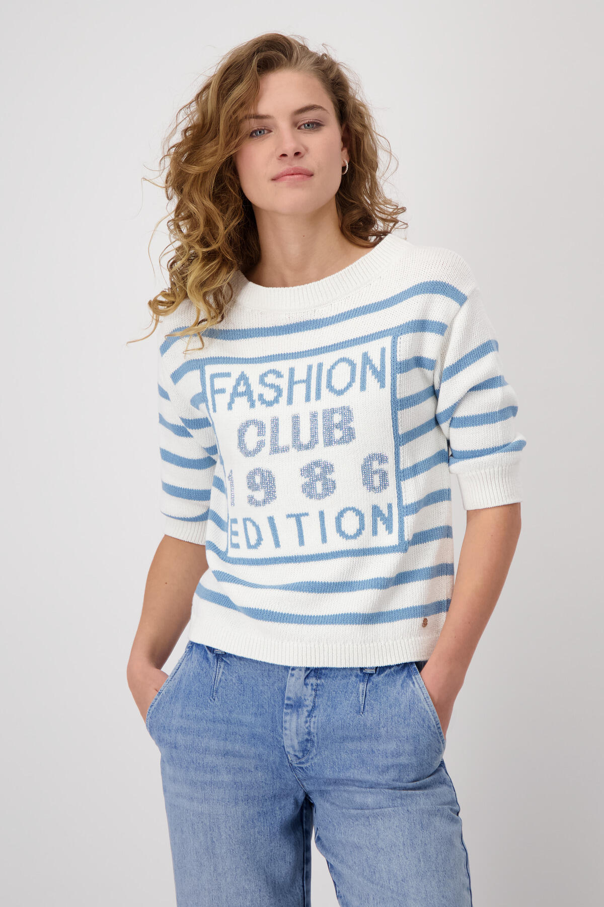 monari - Gestreifter Pullover mit Schrift off-white ringel - Gr. - 40 von monari