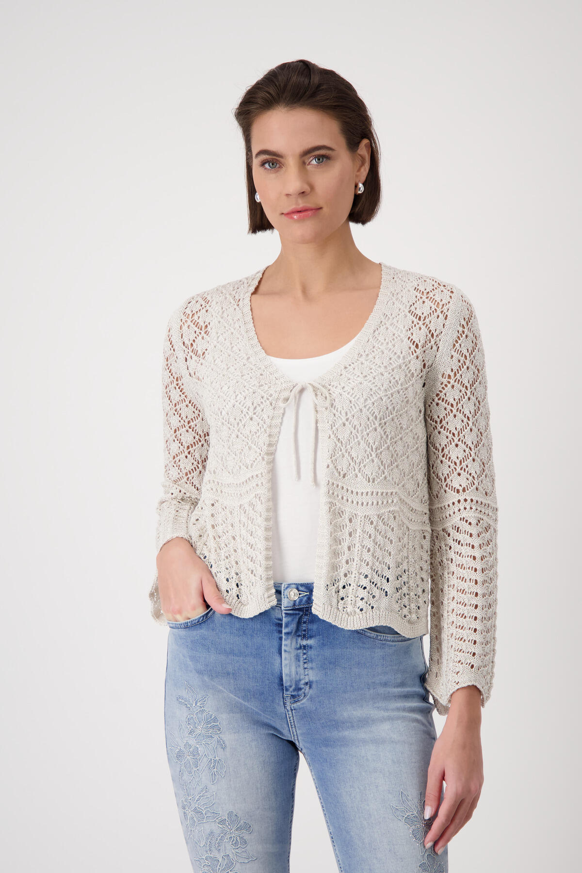 monari - Strickjacke mit Ajourmuster seashell - Gr. - 38 von monari