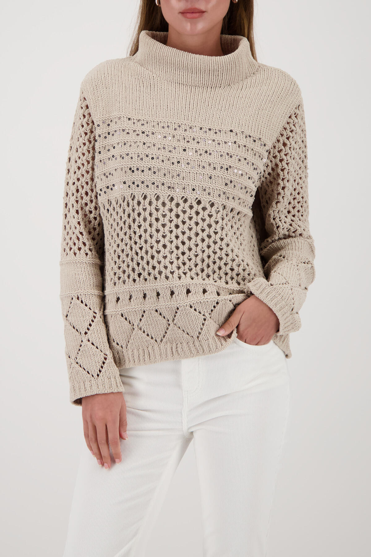 monari - Strickpullover mit Ajourmuster lattemacchiato - Gr. - 42 von monari