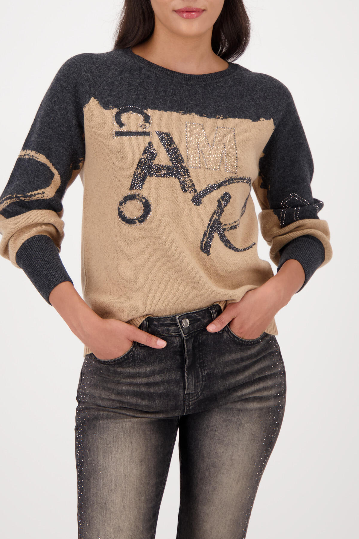 monari - Strickpullover mit Colorblock-Design cognac gemustert - Gr. - 44 von monari