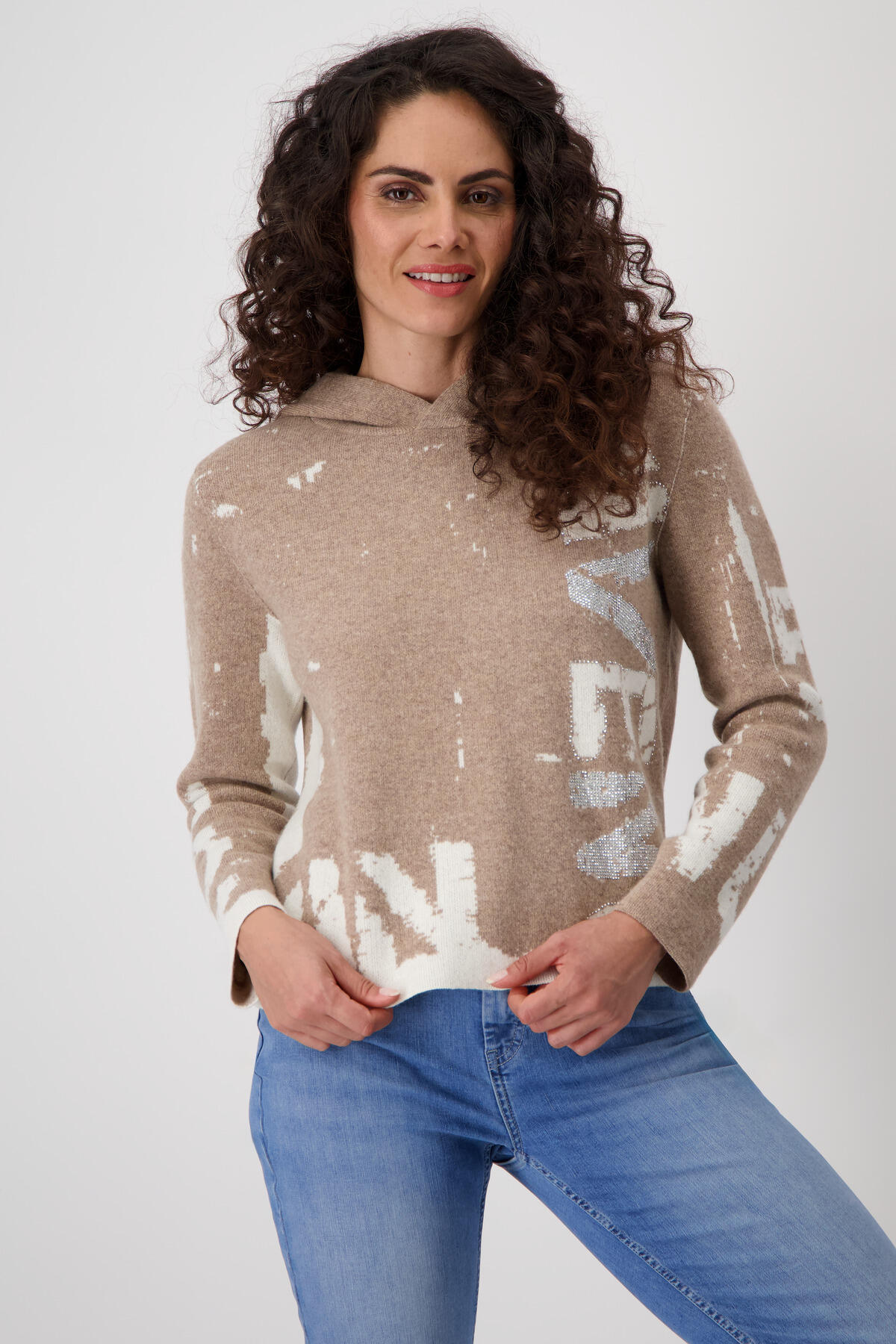 monari - Strickpullover mit Jacquard-Schrift milk chocolate gemustert - Gr. - 40 von monari
