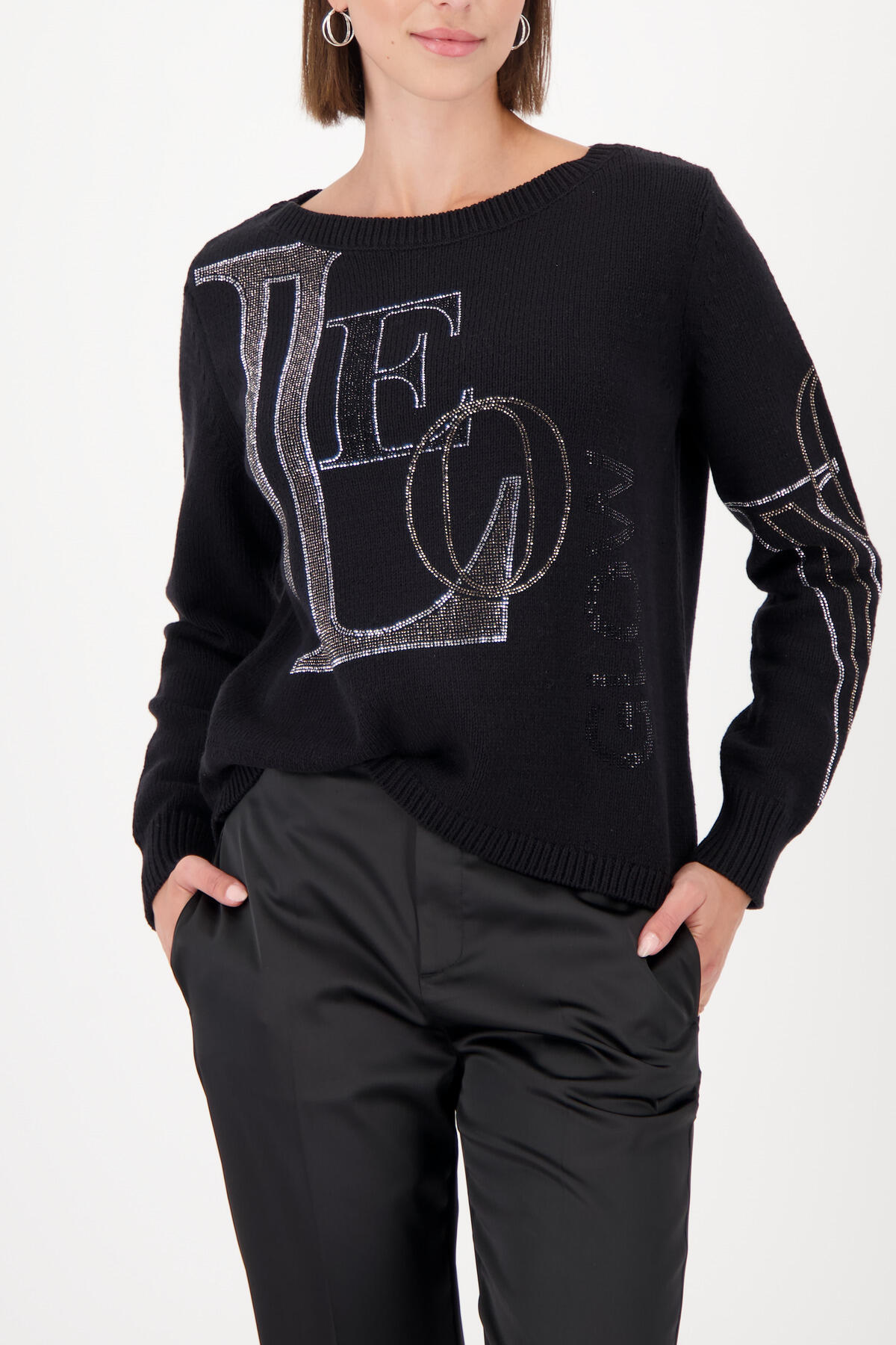 monari - Strickpullover mit Strasssteinen schwarz - Gr. - 36 von monari