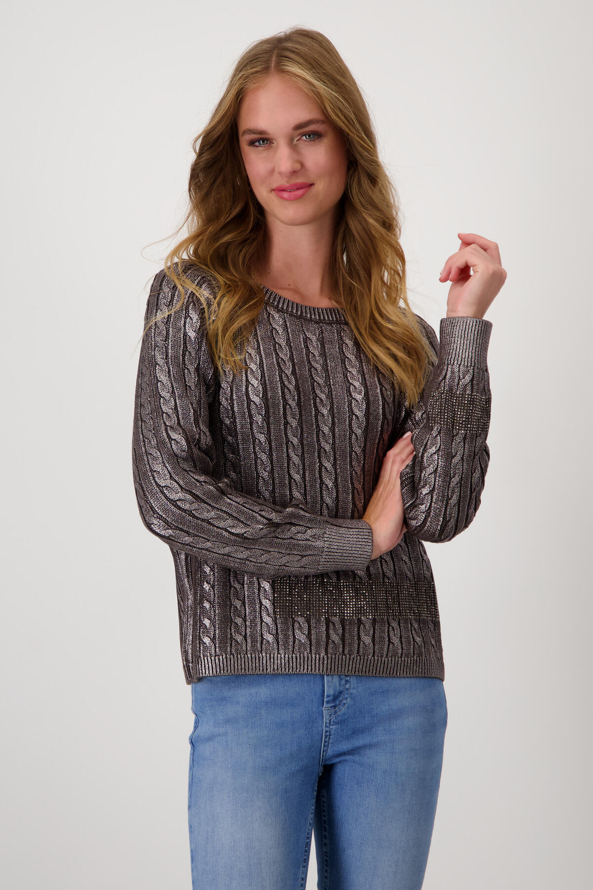 monari - Strickpullover mit Zopfmuster espresso - Gr. - 42 von monari