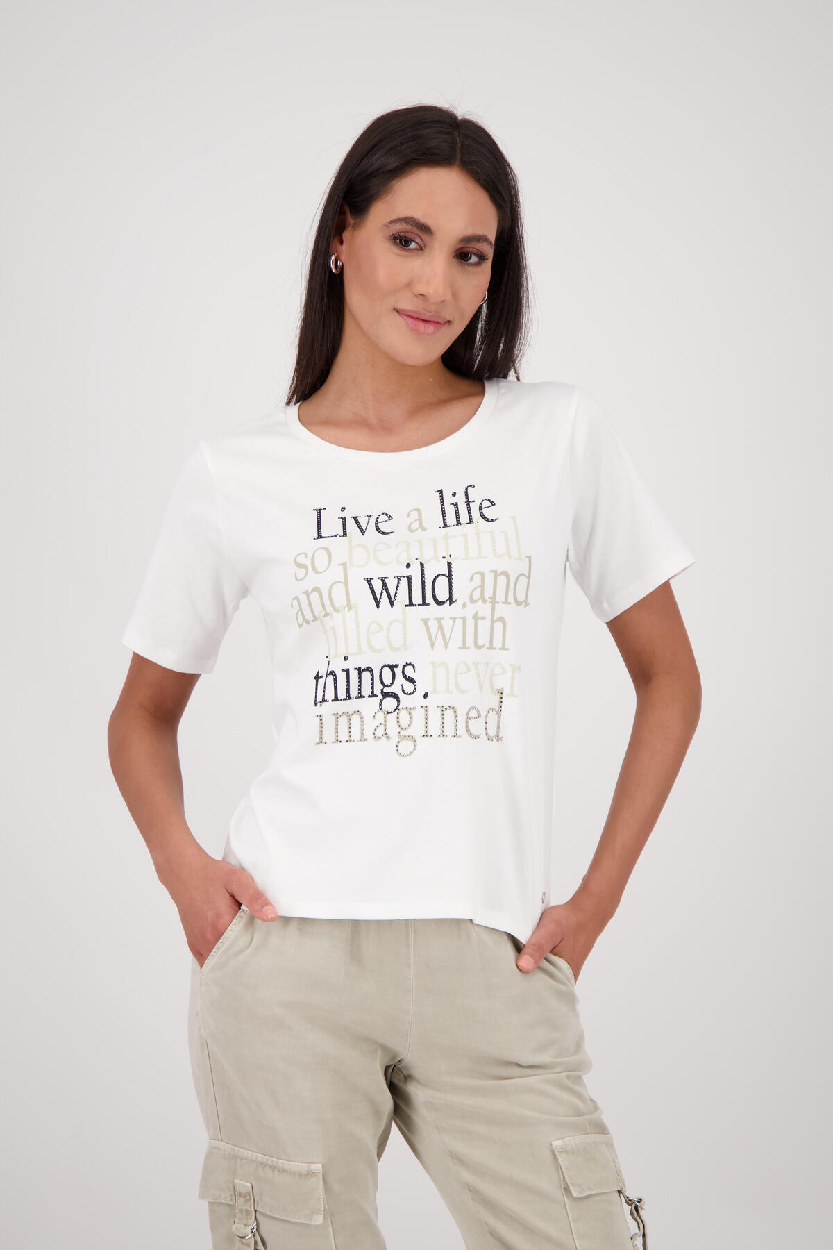 monari - T-Shirt mit Schriftzug und Strasssteinen - Gr. - 46 von monari