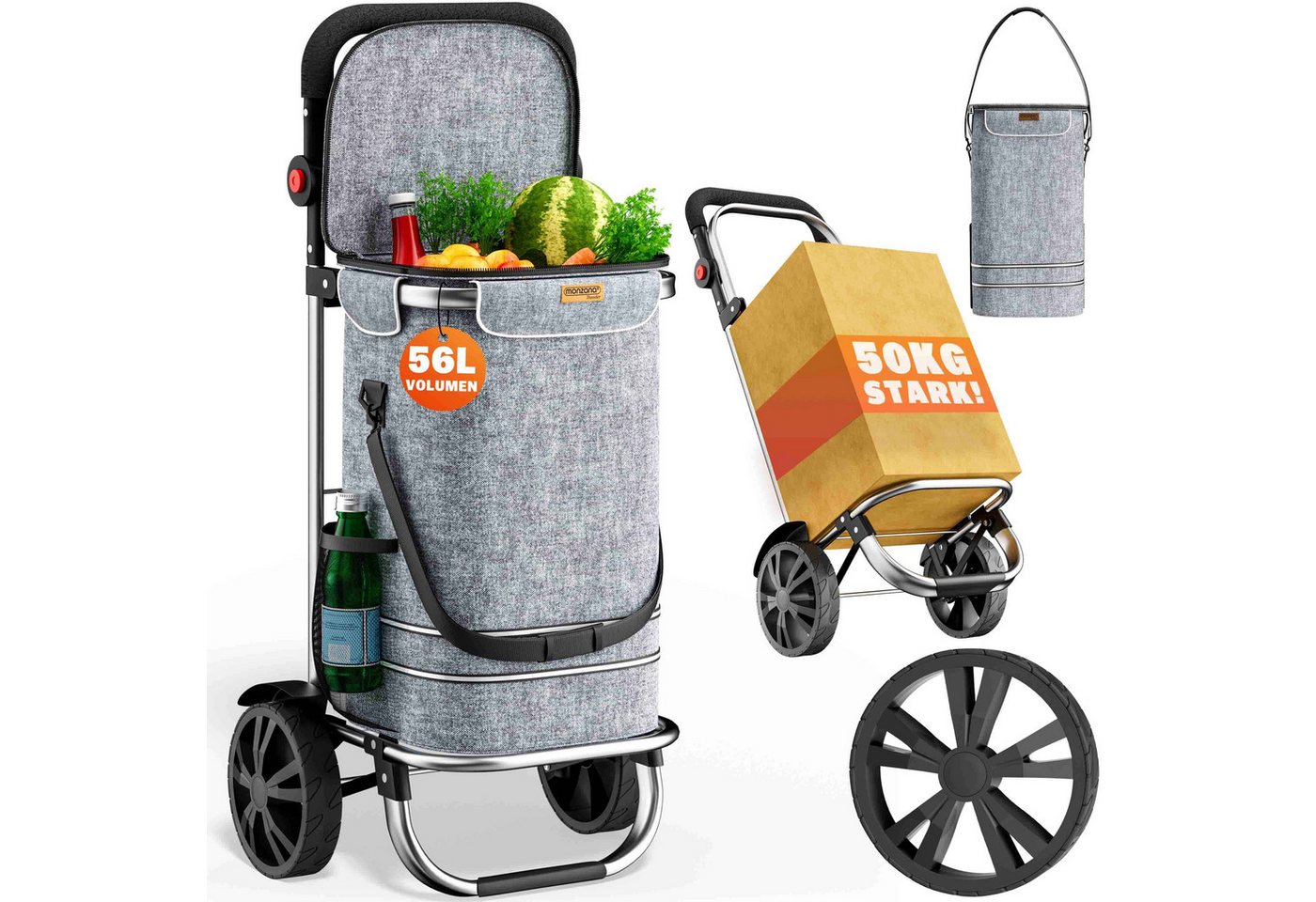 monzana Einkaufstrolley, 2in1 56L bis 50 kg klappbar abnehmbare Tasche Handwagen Einkaufswagen von monzana