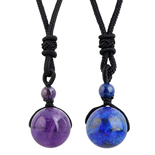 mookaitedecor 2 Stück Amethyst & Lapislazuli Glücklicher Segen Chakra Perlen Poliert Stein Halskette mit Anhänger für Unisex, Glücksbringer Edelstein Heilstein Kette Verstellbar Nylonschnur von mookaitedecor