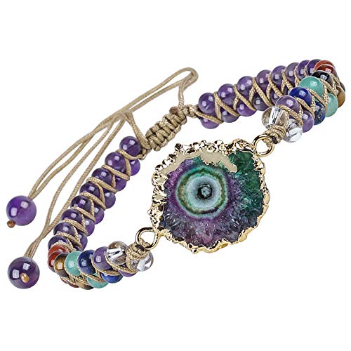 mookaitedecor 7 Chakra Stein Armband für Damen und Herren, Geode Druzy Bunte Kristall Einstellbare Doppelt Geflochtenes Perlenarmbänder für Reiki Heilung Chakra, Amethyst Stein von mookaitedecor