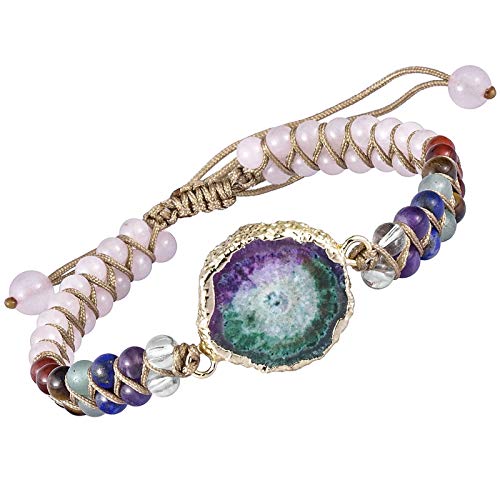 mookaitedecor 7 Chakra Stein Armband für Damen und Herren, Geode Druzy Bunte Kristall Einstellbare Doppelt Geflochtenes Perlenarmbänder für Reiki Heilung Chakra, Rosenquarz Stein von mookaitedecor