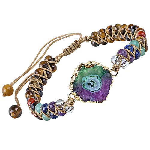 mookaitedecor 7 Chakra Stein Armband für Damen und Herren, Geode Druzy Bunte Kristall Einstellbare Doppelt Geflochtenes Perlenarmbänder für Reiki Heilung Chakra, Tigerauge Stein von mookaitedecor