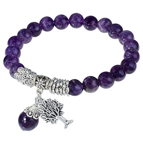 mookaitedecor Baum des Lebens 8mm Edelstein Armbänder Natürliche Heilung Kristall Echte Stein Bead Birthstone Stretch Armband für Damen Herren, Amethyst von mookaitedecor