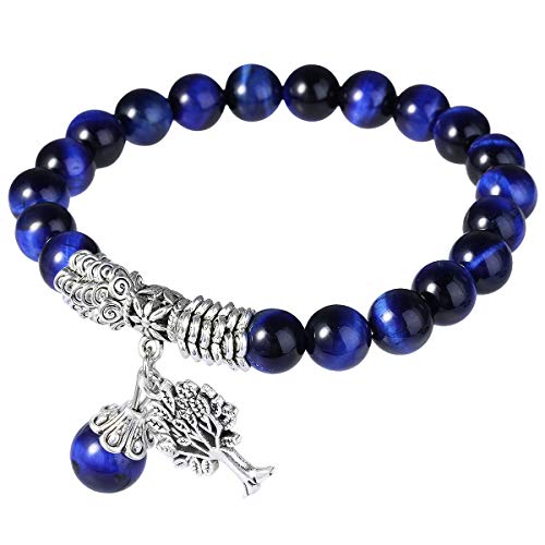 mookaitedecor Baum des Lebens 8mm Edelstein Armbänder mit Heilsteinen Amulett Armband Perlen Mutmacher für Damen Herren, Blaues Tigerauge von mookaitedecor