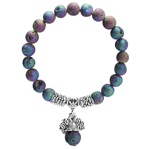 mookaitedecor Baum des Lebens 8mm Edelstein Armbänder Natürliche Heilung Kristall Echte Stein Bead Birthstone Stretch Armband für Damen Herren, Rainbow Titanium Coated Crystal von mookaitedecor