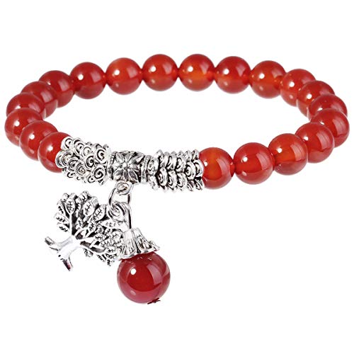 mookaitedecor Baum des Lebens 8mm Edelstein Armbänder mit Heilsteinen Amulett Armband Perlen Mutmacher für Damen Herren, Roter Achat von mookaitedecor