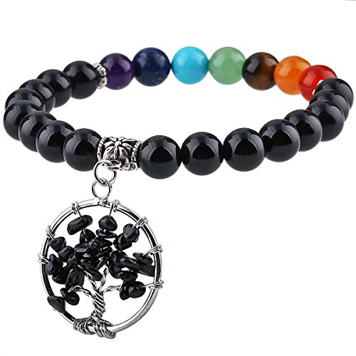 mookaitedecor Chakra Stein Perlen Armbänder für Frauen und Männer, elastische handgemachte Armbänder mit Baum des Lebens Charme Obsidian von mookaitedecor