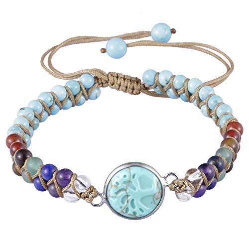 mookaitedecor Heilstein Baum des Lebens Armband für Damen und Herren, 4mm 7 Chakra Perlen Einstellbare Doppelt Geflochtenes Armbänder für Yoga Heilung Reiki, Blauer Howlith-Türkis Stein von mookaitedecor