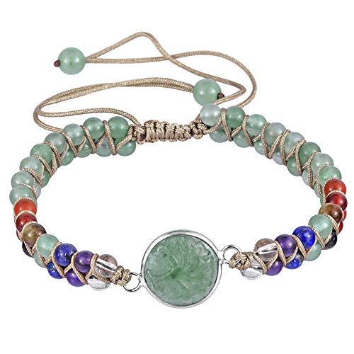 mookaitedecor Heilstein Baum des Lebens Armband für Damen und Herren, 4mm 7 Chakra Perlen Einstellbare Doppelt Geflochtenes Armbänder für Yoga Heilung Reiki, Grüner Aventurin Stein von mookaitedecor