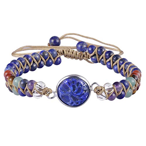 mookaitedecor Heilstein Baum des Lebens Armband für Damen und Herren, 4mm 7 Chakra Perlen Einstellbare Doppelt Geflochtenes Armbänder für Yoga Heilung Reiki, Lapislazuli Stein von mookaitedecor