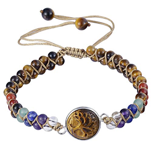 mookaitedecor Heilstein Baum des Lebens Armband für Damen und Herren, 4mm 7 Chakra Perlen Einstellbare Doppelt Geflochtenes Armbänder für Yoga Heilung Reiki, Tigerauge Stein von mookaitedecor