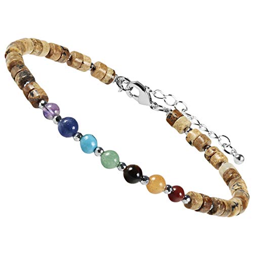 mookaitedecor Heilsteine 7 Chakra Perlen Armband für Heilung Yoga Energie Reiki, Flache Perlen Schmuck, Einstellbare Armbände für Damen und Herren, Bild Jasper Stein von mookaitedecor