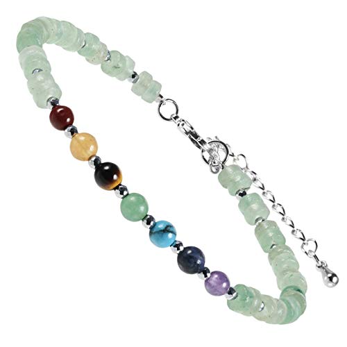 mookaitedecor Heilsteine 7 Chakra Perlen Armband für Heilung Yoga Energie Reiki, Flache Perlen Schmuck, Einstellbare Armbände für Damen und Herren, Grüner Aventurin Stein von mookaitedecor