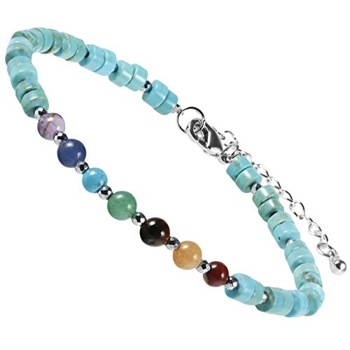 mookaitedecor Heilsteine 7 Chakra Perlen Armband für Heilung Yoga Energie Reiki, Flache Perlen Schmuck, Einstellbare Armbände für Damen und Herren, Howlith-Türkis Stein von mookaitedecor