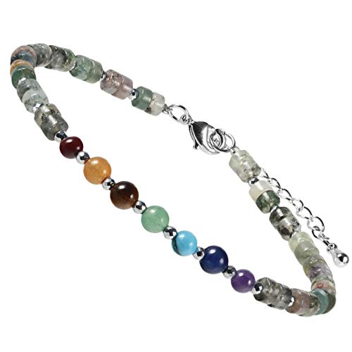 mookaitedecor Heilsteine 7 Chakra Perlen Armband für Heilung Yoga Energie Reiki, Flache Perlen Schmuck, Einstellbare Armbände für Damen und Herren, Indischer Achat Stein von mookaitedecor