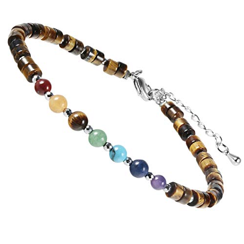 mookaitedecor Heilsteine 7 Chakra Perlen Armband für Heilung Yoga Energie Reiki, Flache Perlen Schmuck, Einstellbare Armbände für Damen und Herren, Tigerauge Stein von mookaitedecor