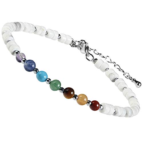 mookaitedecor Heilsteine 7 Chakra Perlen Armband für Heilung Yoga Energie Reiki, Flache Perlen Schmuck, Einstellbare Armbände für Damen und Herren, Weißer Howlith-Türkis Stein von mookaitedecor