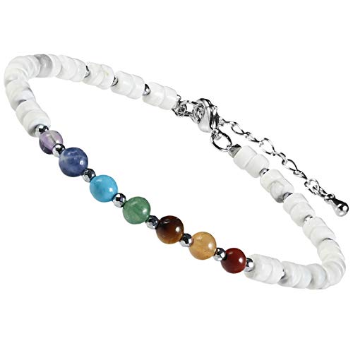 mookaitedecor 7 Chakra Steine Armband für Heilung Yoga Energie Reiki, Kugelarmband Kristall Perlen Heilsteine Schmuck, Einstellbare Armbände für Damen und Herren, Howlith-Türkis Stein von mookaitedecor