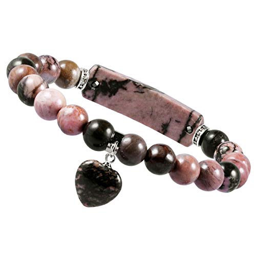 mookaitedecor Herzförmiges Kristallarmband für Frauen, Elastische natürliche Heilung Kristall Stein Perlen Armband, Rhodonit von mookaitedecor