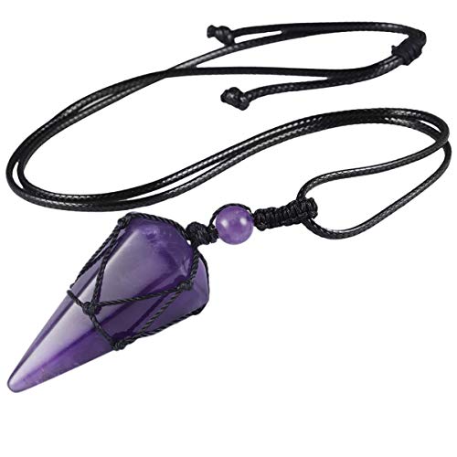 mookaitedecor Amethyst Hexagramm Stein Anhänger Halskette für Frauen und Männer Nylon Seil Wrap Heilung Chakra Pendel Anhänger mit PU Leder Kette von mookaitedecor