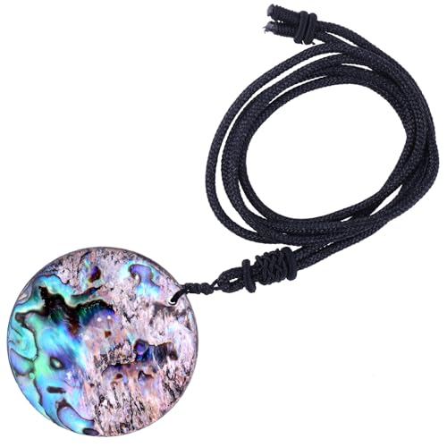 mookaitedecor Natürliche Abalone Muschel-Kristall-Anhänger mit Nylon-Seil, polierte Stein Verstellbare Halskette Glücksbringer Amulette Schmuck für Frauen und Männer, Runde von mookaitedecor
