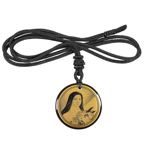 mookaitedecor Saint Therese Halskette für Männer Frauen, Schwarze Obsidian Rundstein Anhänger mit verstellbare Nylonseil, Katholische Jesus Religiöser Amulett Schmuck Geschenke von mookaitedecor