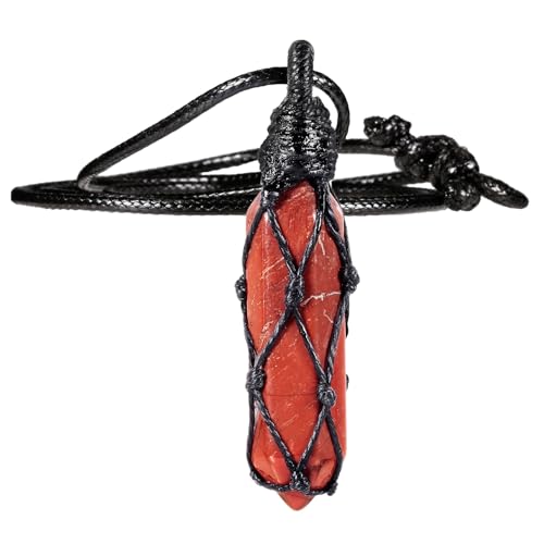 mookaitedecor Sechseckige Kristallspitzquarz-Anhänger Halskette, Einstellbare geflochtene Wachs Seil Hexagonal Heilstein Halskette Schmuck für Frauen und Männer, Roter Jaspis von mookaitedecor