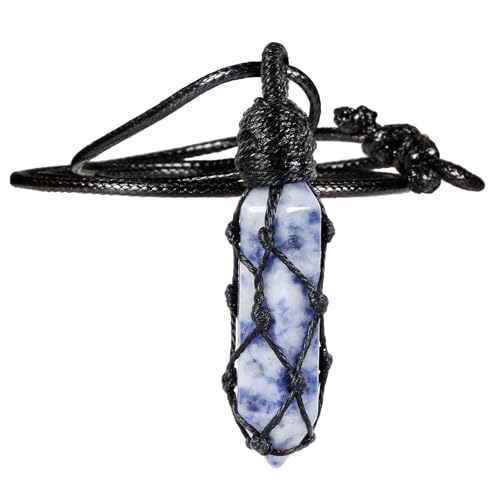 mookaitedecor Sechseckige Kristallspitzquarz-Anhänger Halskette, Einstellbare geflochtene Wachs Seil Hexagonal Heilstein Halskette Schmuck für Frauen und Männer, Sodalith von mookaitedecor