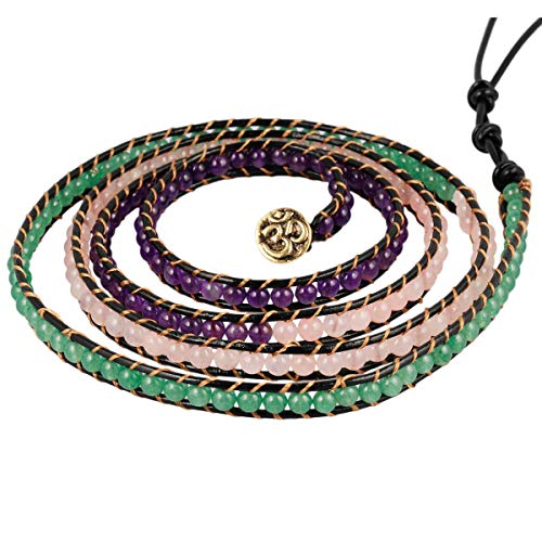 mookaitedecor Wickelarmband für Frauen und Männer, natürliche Perlen Kristallstein Heilung einstellbar Armband für Unisex，Grünes Aventurin, Rosenquarz, Amethyst von mookaitedecor
