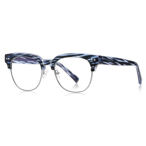 moomoobird Anti blaue Licht Brille für Männer TR90 Metall Retro Brillen Rahmen Frauen Halb Rahmen (blue pattern silver) von moomoobird