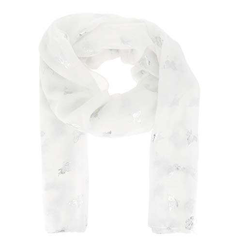 Weißer Silbernes Schmetterlingsmuster Damen Schal Tuch 30% Baumwolle 70% Viskose - Leichter, Langer und Rechteckiger Maxi Schal 180cm x 70cm - Glitzer Original Tücher Modern - Boho Chic von moonbow