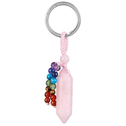 moonsix Kristall Hexagon Prisma Schlüsselanhänger mit 7 Chakra Perlen Natürliche Reiki Heilsteine Schlüsselanhänger Charm Dekor für Unisex, Pink, Einheitsgröße von moonsix