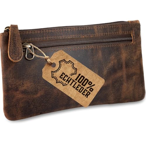 moonster Federmäppchen aus Leder Wunderschönes handgefertigtes Etui mit Reißverschluss Elegante Federtasche für Erwachsene und Studenten - Modernes Design mit Seitentasche Schlüsselring - 20x10 von moonster