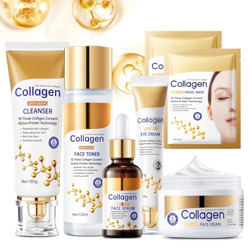 Kollagen-Hautpflege-Set, Anti-Aging-Hautpflege-Set für Falten und feine Linien, schrumpft Poren, hydratisiert und straffe Haut, 7-teiliges Hautpflege-Set für Frauen mit Reiniger, Toner, Serum, Creme Kollagen-Hautpflege-Set, Anti-Aging-Hautpflege-Set für Falten und feine Linien, schrumpft Poren, hydratisiert und straffe Haut, 7-teiliges Hautpflege-Set für Frauen mit Reiniger, Toner, Serum, Creme von mopayzer