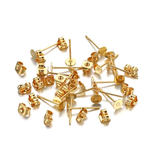 mophrati 100 Sets Ohrstecker Basis Edelstahl Blank Post Schmuck Ohrringe Stopper Flachohrring Zubehör Dame Mädchen Erwachsene Liefert, Goldfarbe/ 4 mm von mophrati