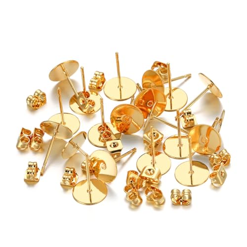 mophrati 100 Sets Ohrstecker Basis Edelstahl Blank Post Schmuck Ohrringe Stopper Flachohrring Zubehör Dame Mädchen Erwachsene Liefert, Goldfarbe/ 8mm von mophrati