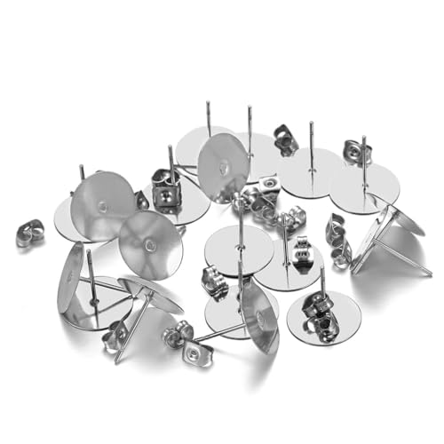 mophrati 100 Sets Ohrstecker Basis Edelstahl Blank Post Schmuck Ohrringe Stopper Flachohrring Zubehör Dame Mädchen Erwachsene Liefert, Stahlfarbe/ 12 mm von mophrati