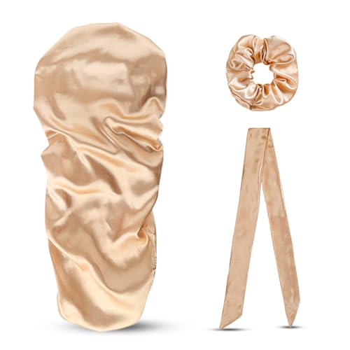 mophrati 3 Stück Satin extra lange Schlafmütze schmutzig geflochtenes Haar Hut Krawatte elastisch seidig Pferdeschwanz Band Haushalt Frauen Unisex, Champagner Gold von mophrati